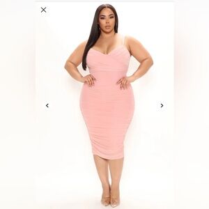 Fashion Nova Pink Ruched Midi Dress for Wedding Guest